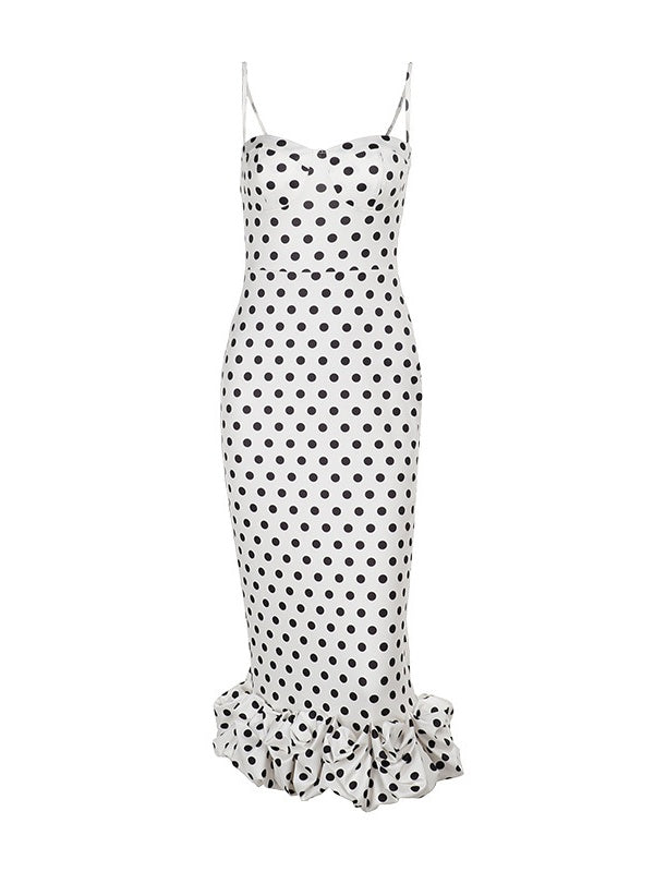 Polka Dot Fitted Ruched Skirt Midi Dress
