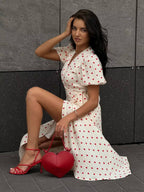 Pure Cotton Bandage Wrap-up Puff Sleeve Printed Comfort Maxi Dresses