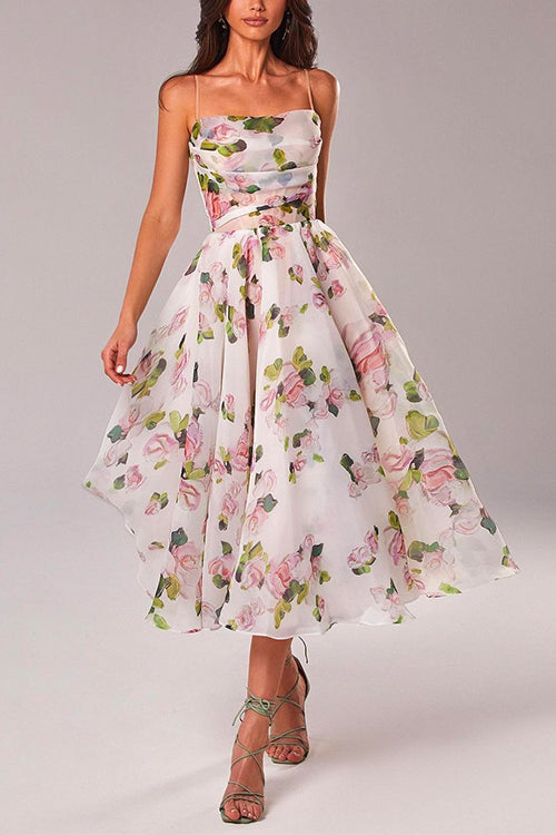 Adjustable Strap Waisted Floral Swing Midi Holiday Dress