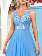 V-neck Embroidery Sequins Elegant Gauze Formal Dress Maxi Dresses