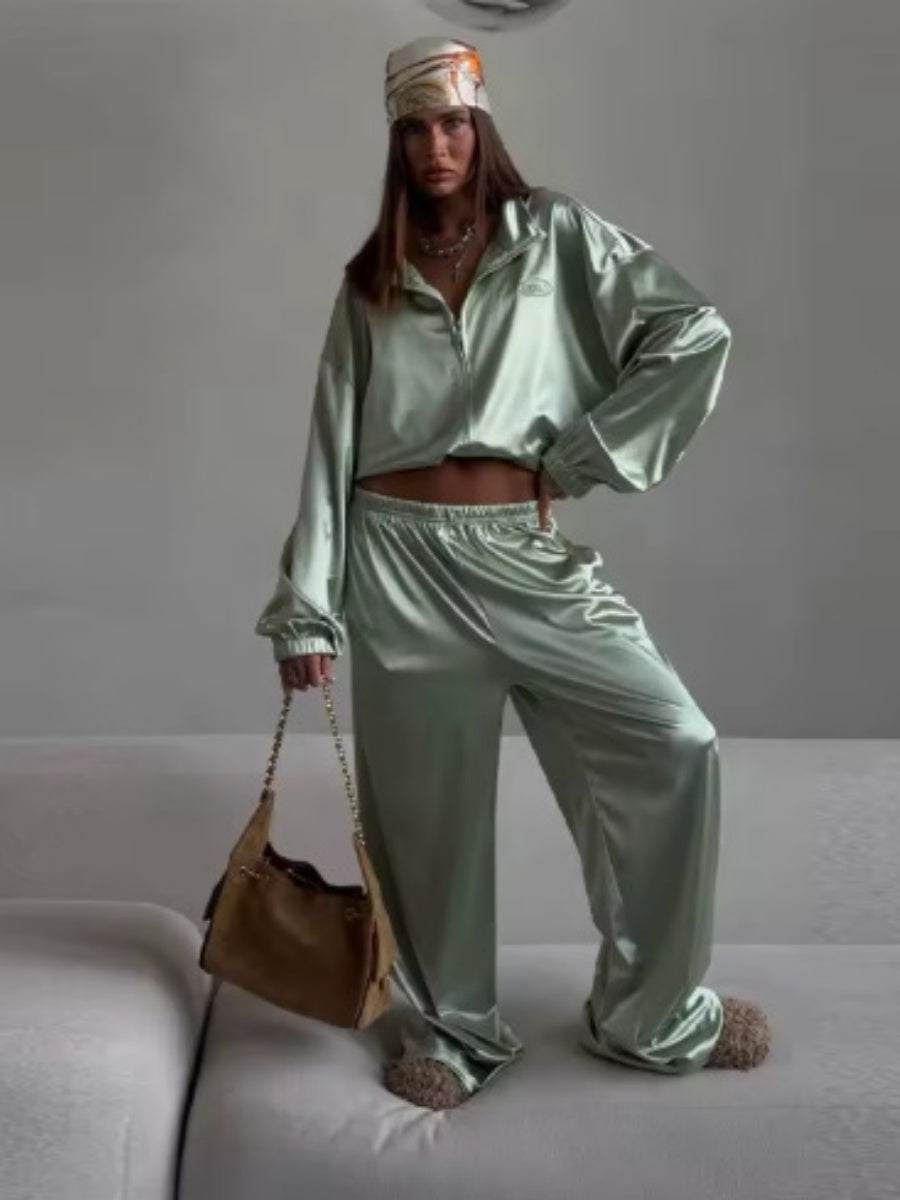 Zippered Loose Sweatshirt Jacket And Wide-Leg Pants Two-Piece Set