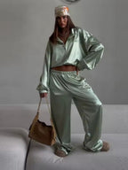 Zippered Loose Sweatshirt Jacket And Wide-Leg Pants Two-Piece Set