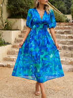 Waist-cinching Deep V-neck Floral Print Maxi Dresses