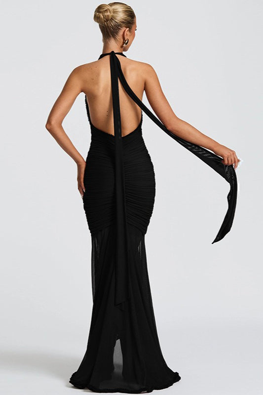 Halter Plunging V-Neck Ruched Ruffle Front Mermaid Maxi Gown