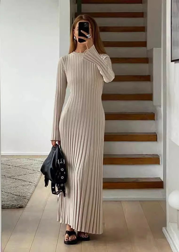 Long Sleeve Crew Neck Ribbed Knit Bodycon Maxi Dress