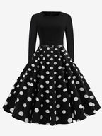 Vintage Polka Dot Swing Dress for Women - 1950s Rockabilly Long Sleeve Belted A-Line Midi Dress - Spring Retro Party 2026