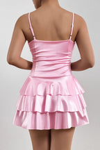 Satin V Neck Tiered Cami Mini Dress