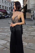 Lace Bodice Spaghetti Strap Choker Satin Pleated Tier Maxi Dress