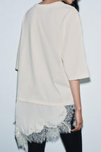 Stylish Round Neck Short-sleeved Patchwork Lace Hem Loose T-shirt