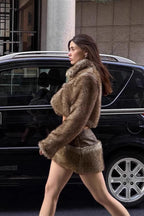 Furry Retro Crop Top Skirt Fox Fur Two Piece Set