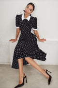 Polka Dot Pointed Collar Puff Sleeve Fit and Flare Midi Dress