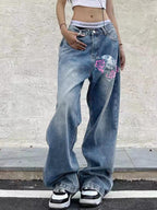 Skull Rose Print Vintage Blue Wide Leg Boyfriend Jeans