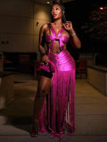 Metallic Halter Bow Ruched Fringe High Split Two Piece Set