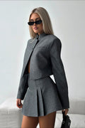 Vintage Stand Collar Pleated Mini Dress
