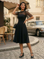 Mesh Patchwork Sheer Sleeve Round Neck Elegant Party Flare Dress For Women 2026