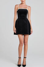 Velvet Square Neck Pearl Strap Pearl Scalloped Trim Mini Dress