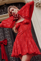 Lace Floral Square Neck Corset Bell Sleeve Ruffle Mini Dress