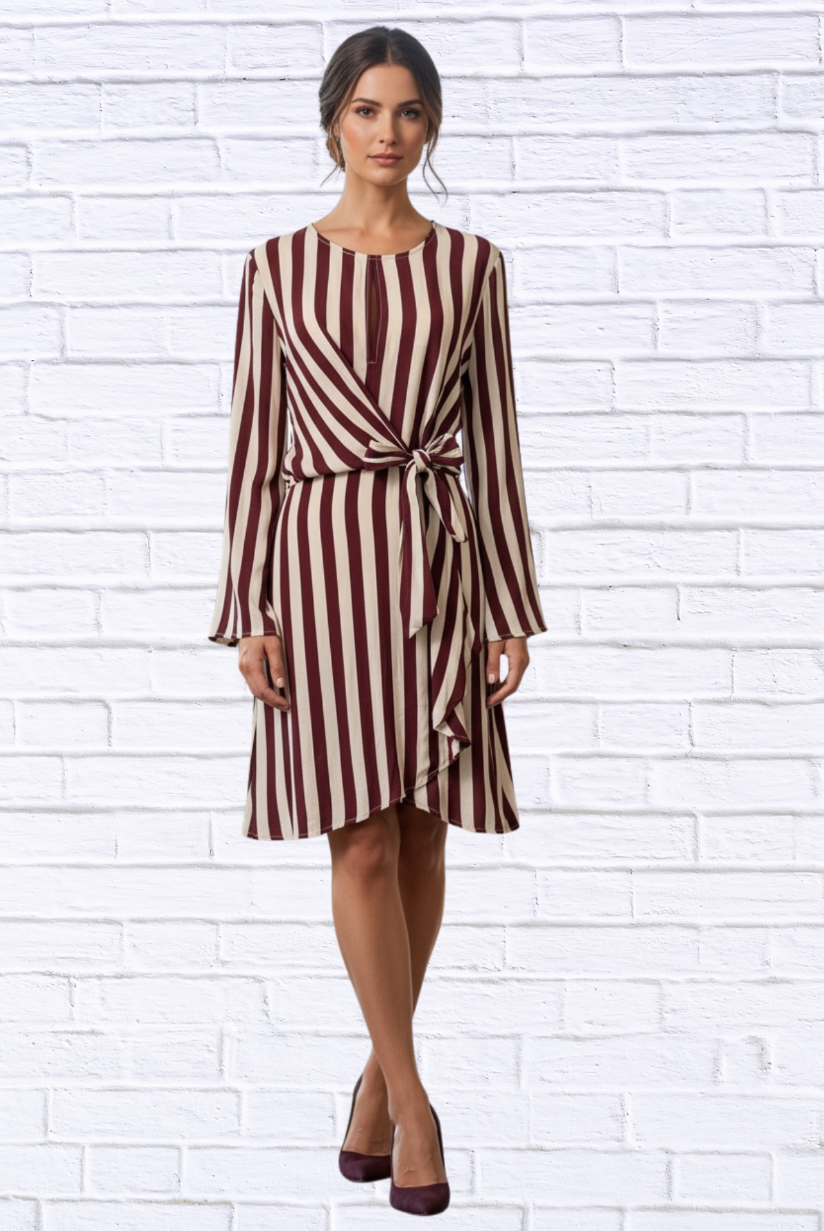Burgundy and Cream Striped Long Sleeve Wrap Dress _ Elegant Tie-Waist A-Line Midi Dress