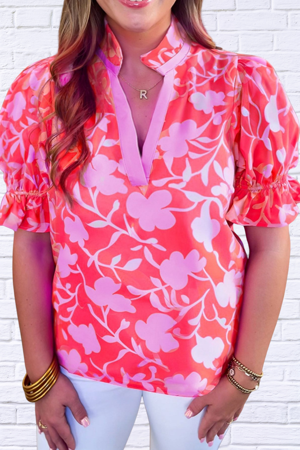 Floral Split V-Neck Ruffled Short Sleeve Blouse _ Pink on Pink