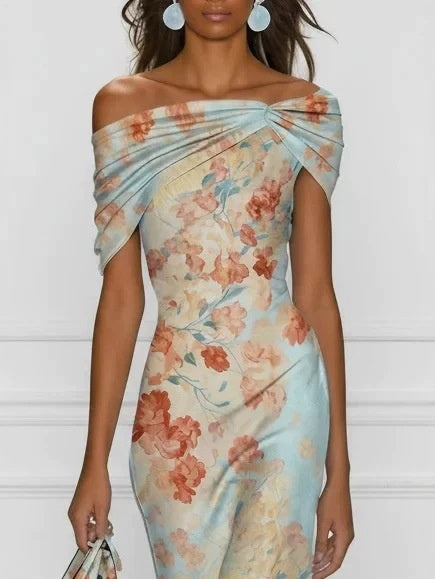 Floral Print Off-shoulder Short-sleeved Long Dress