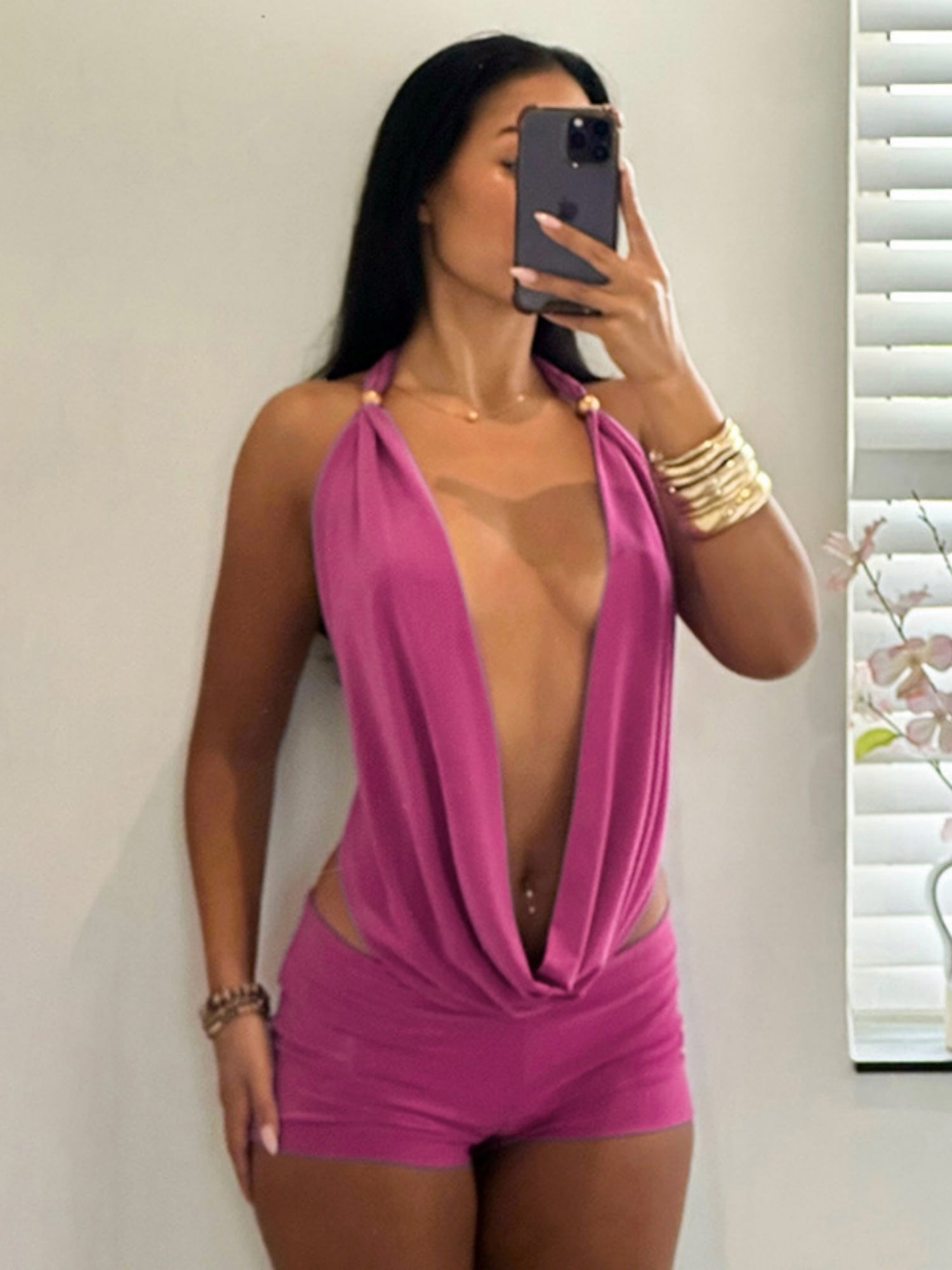 Metallic Gloss Deep V-neck Neck Strap Tight Shorts 2-piece Sets