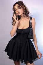 Off Shoulder Sweetheart Lace Up Bustier Lace Trim Mini Dress