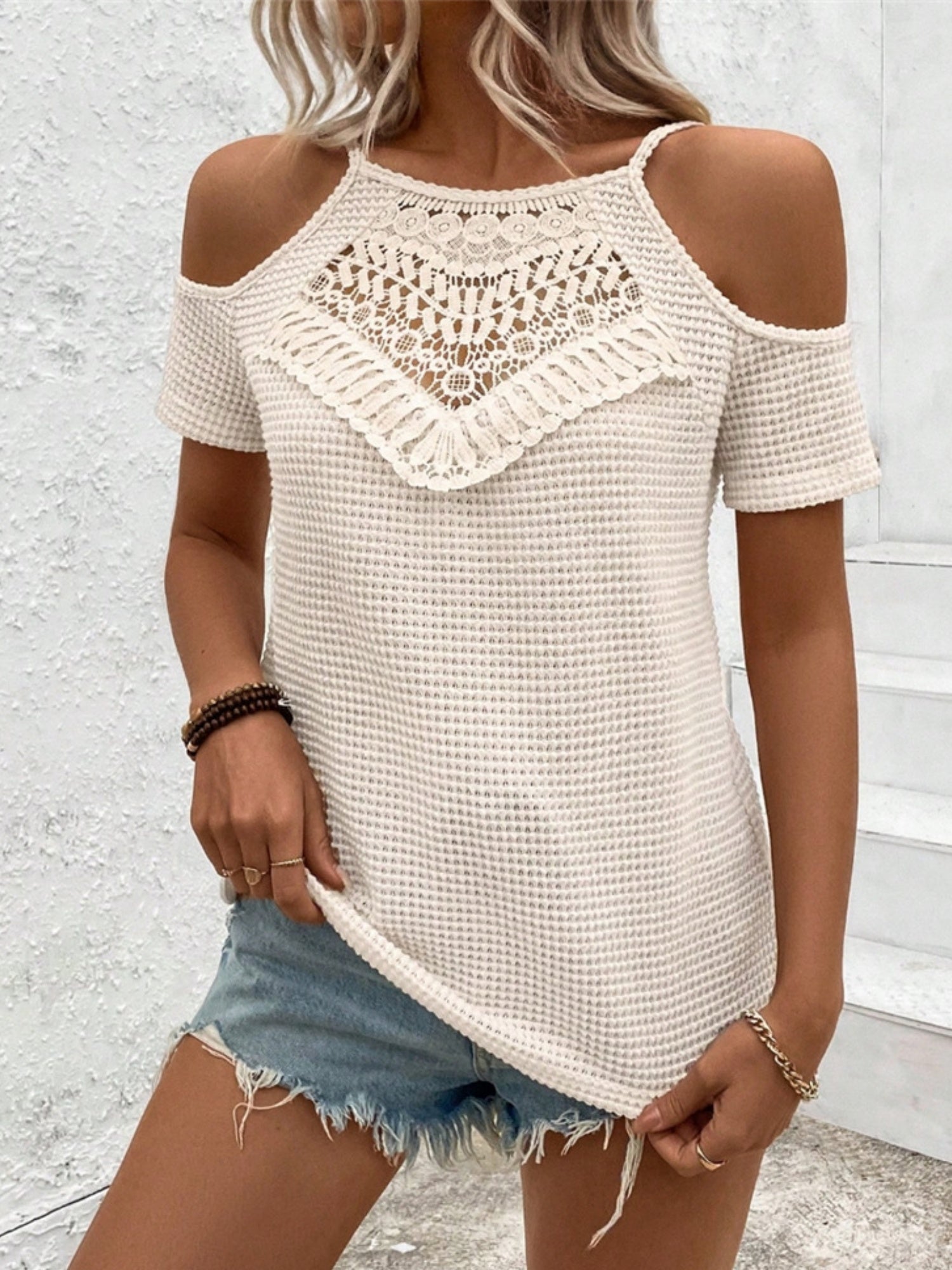 Crochet Splicing Cutout Off-shoulder Knitted T-shirt
