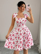 Waist V-neck Bandage Camisoles Printed Vacation And Leisure Mini&Short Dresses