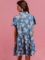 Denim Floral Print Collared Short-sleeved Shirt Buttons Shirt Dress
