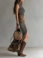 Retro Patchwork Print Asymmetrical High Slit Maxi Dress