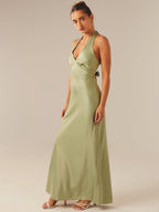 Satin V-neck Halter Neck Backless Strappy Maxi Dresses