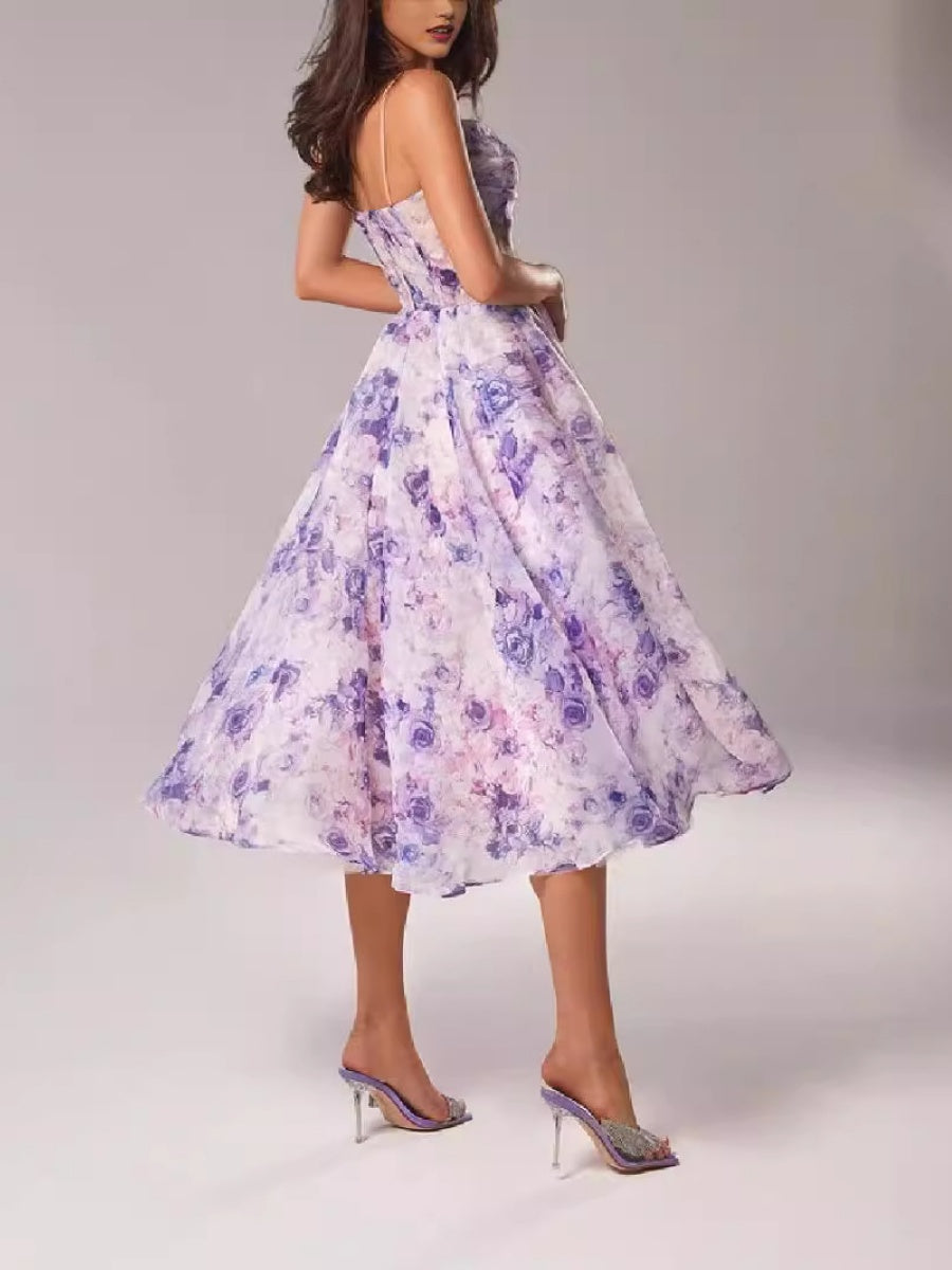 Zipper Floral Print Strapless Sleeveless Long Dress