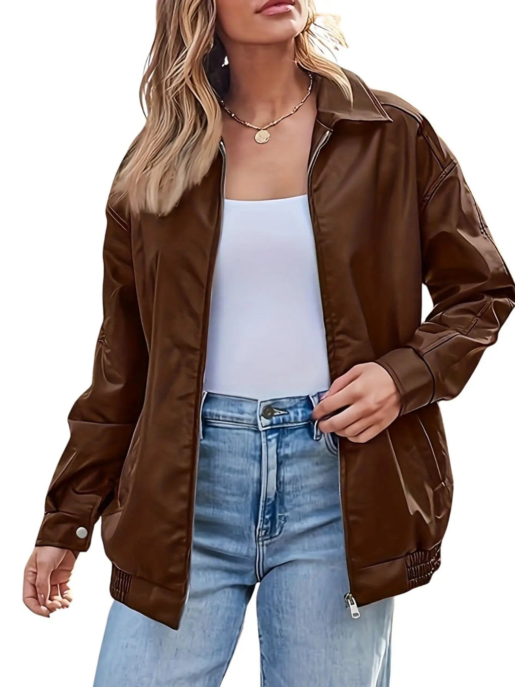 | Women’s Classic Oversized Leather Bomber Jacket