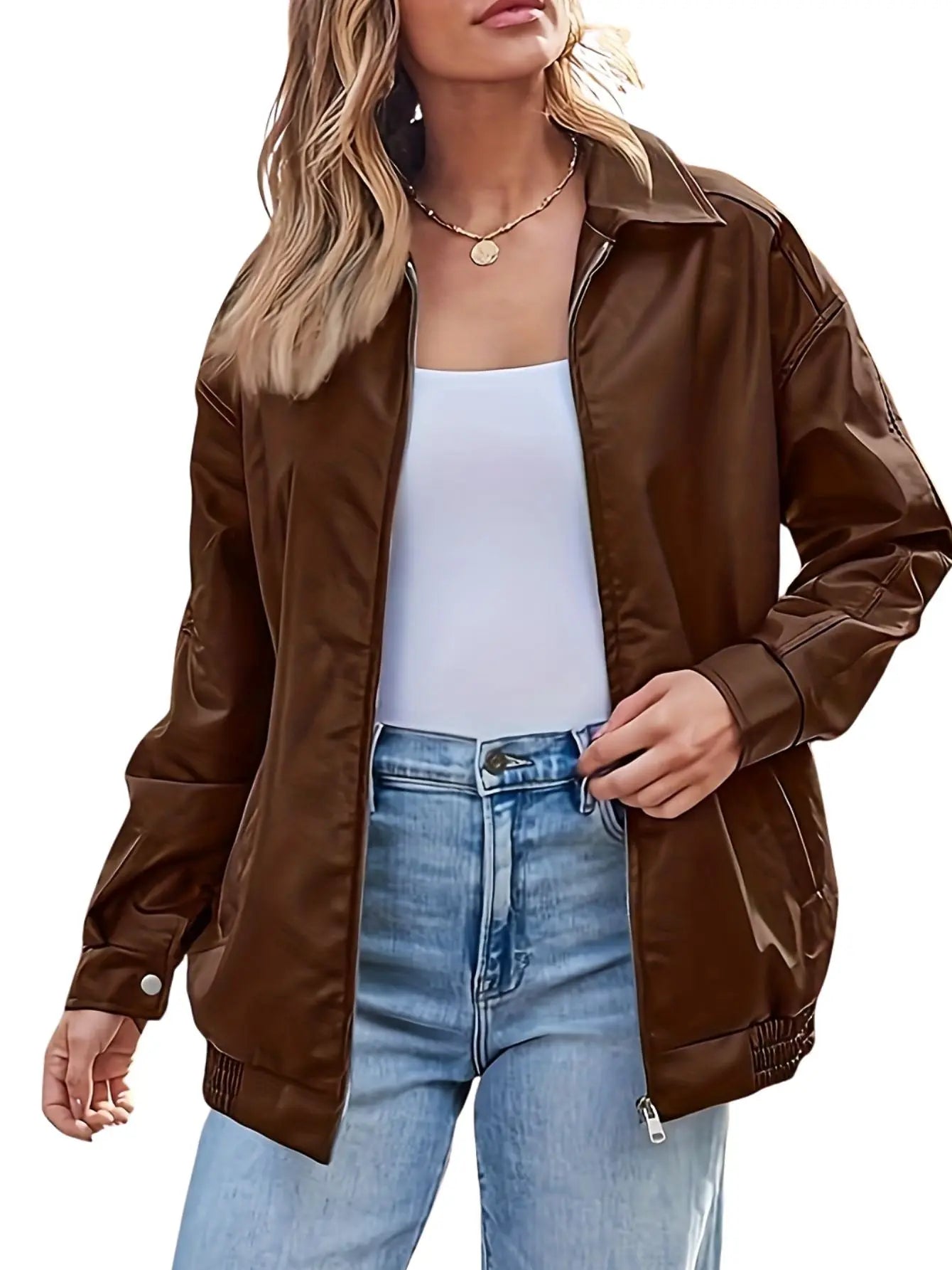 | Women’s Classic Oversized Leather Bomber Jacket