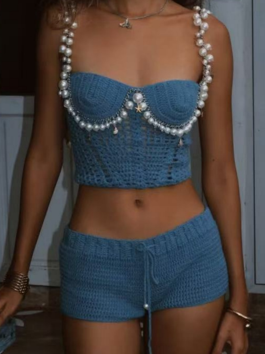 Solid Color Cropped Tank Top And Shorts Two-piece Set
