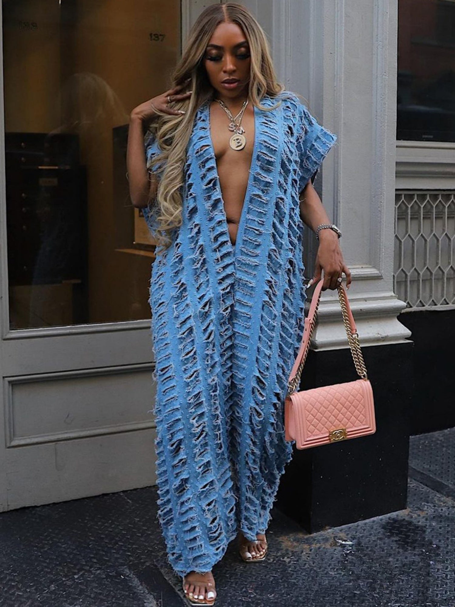 Denim Hole Deep V Short Sleeve Loose-fit Jumpsuits