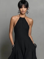 Halter Solid Color Backless Sleeveless Long Vacation Style Dress