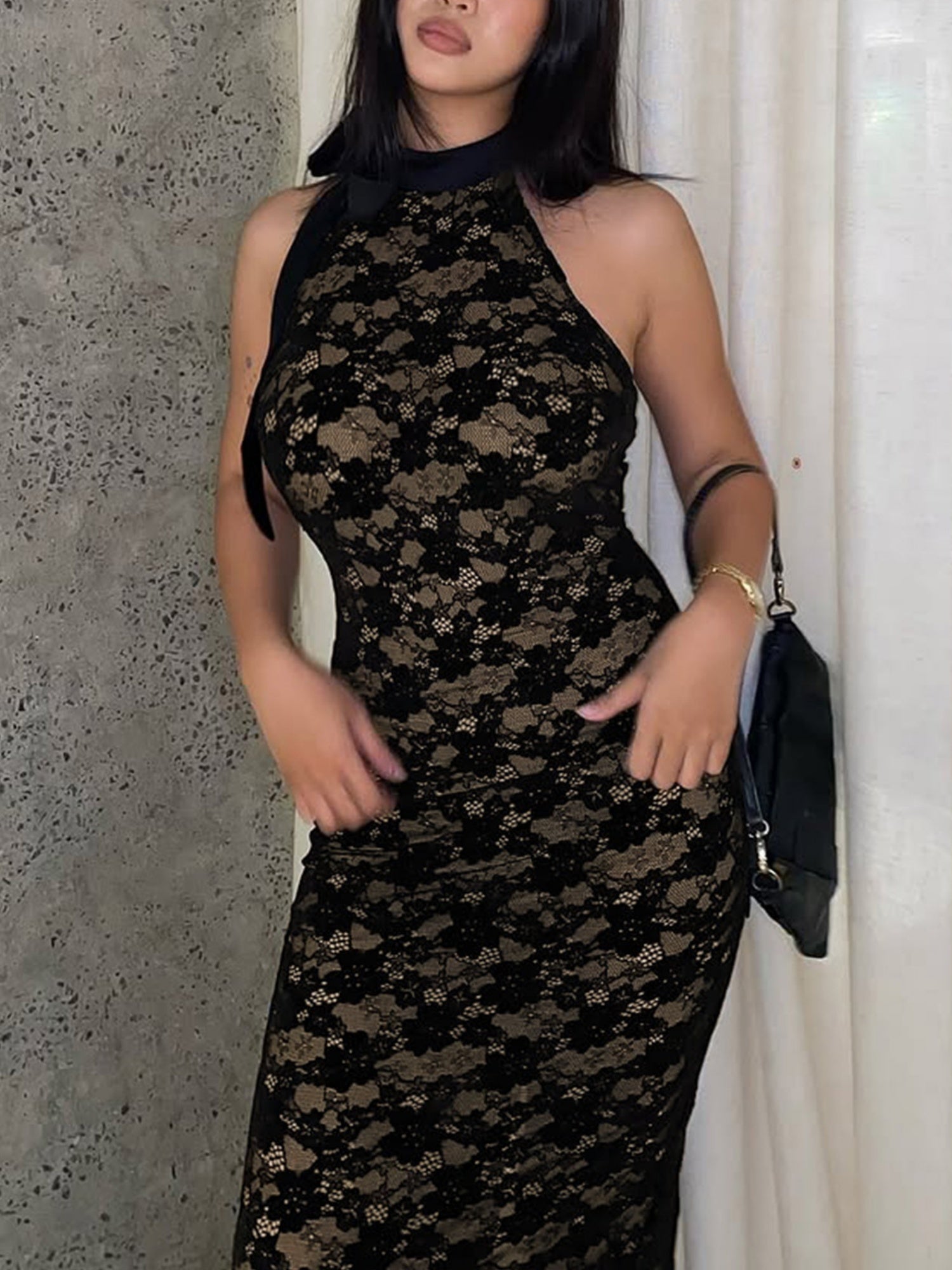 Lace Patchwork Halter Neck And Backless Sleeveless Bodycon Maxi Dresses