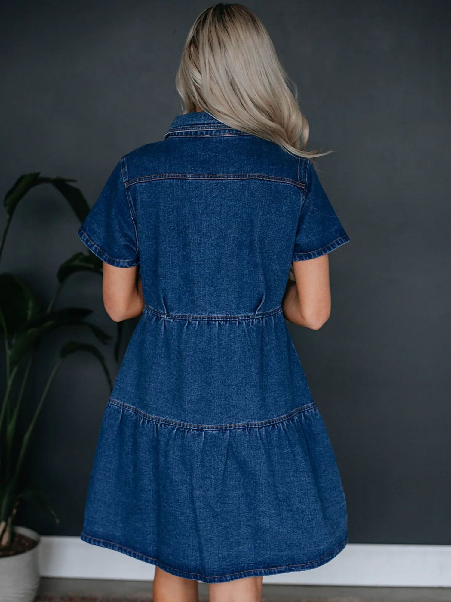 Denim Buttons Short-sleeved Collar Mini&Short Dresses