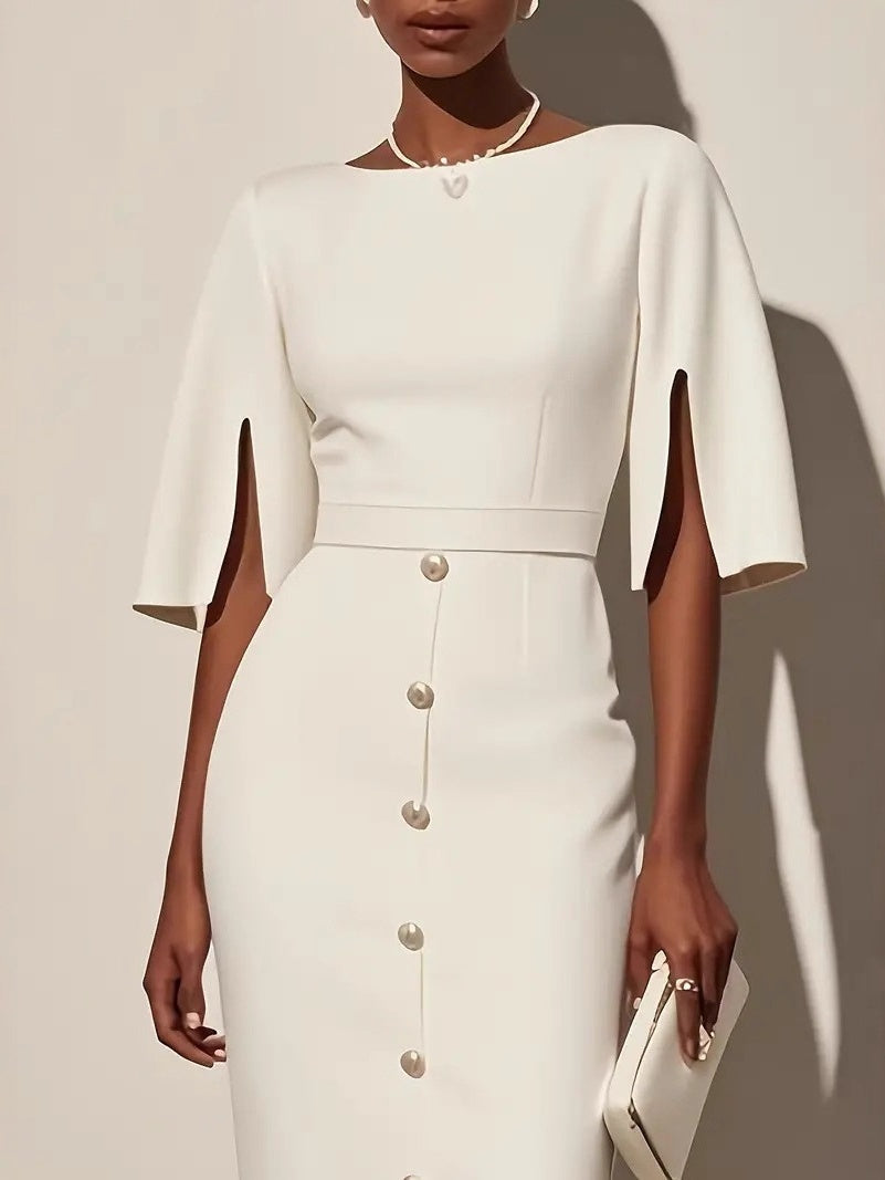 Solid Color Round Neck Fitted Waist Split Button-decorated Midi Dress