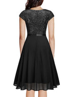 Crew Neck Sequins Chiffon Splicing Evening Dress Mini&Short Dresses