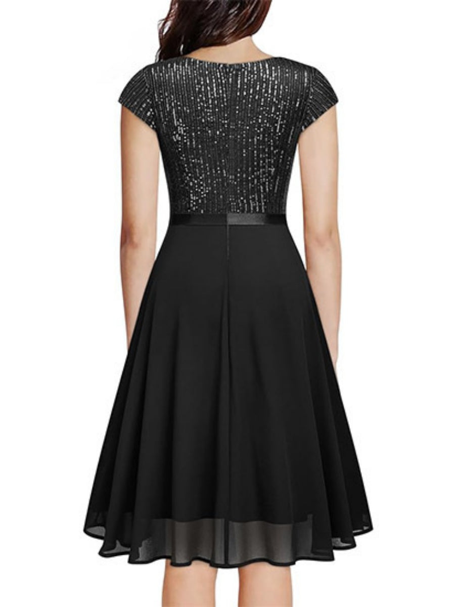Crew Neck Sequins Chiffon Splicing Evening Dress Mini&Short Dresses