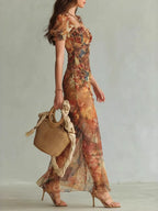 Floral V-neck Fitted Waist Ruffled Long Dress