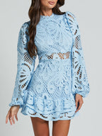 Lantern-style Long-sleeved, Fitted A-line Dress With Ruffled Hem And Water-soluble Lace.