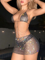 Sequins Chain Strap Halter Neck And Backless Mini&Short Dresses