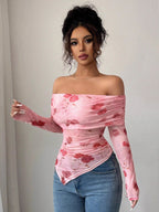 Mesh Printed Off Shoulder Irregular Hem Long Sleeve T-shirts