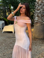 Mesh Splicing Off-shoulder Pleated Backless Maxi Dresses
