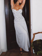 Ruffled Lace Square Neck Polka Dot Suspender Long Dress