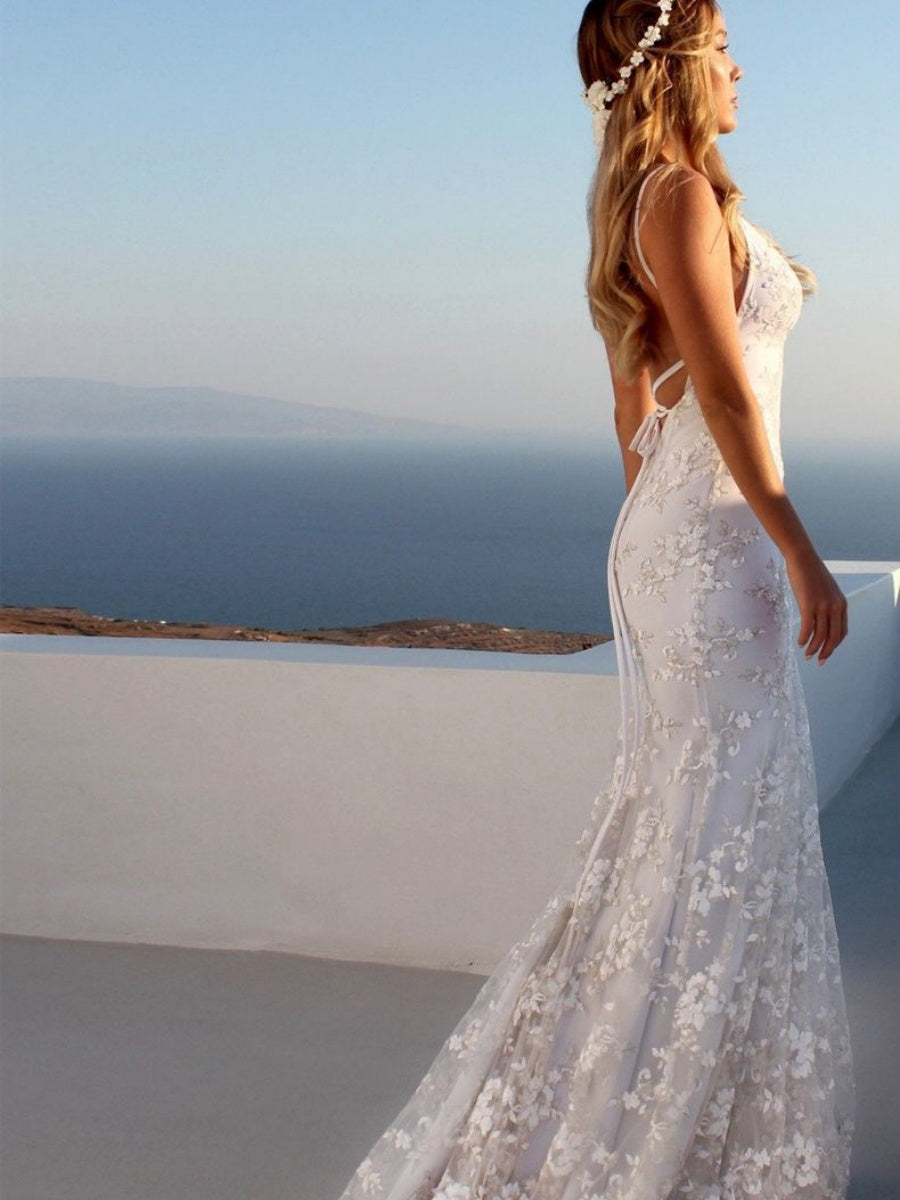 Lace White V-neck Camisoles Formal Dress Maxi Dresses