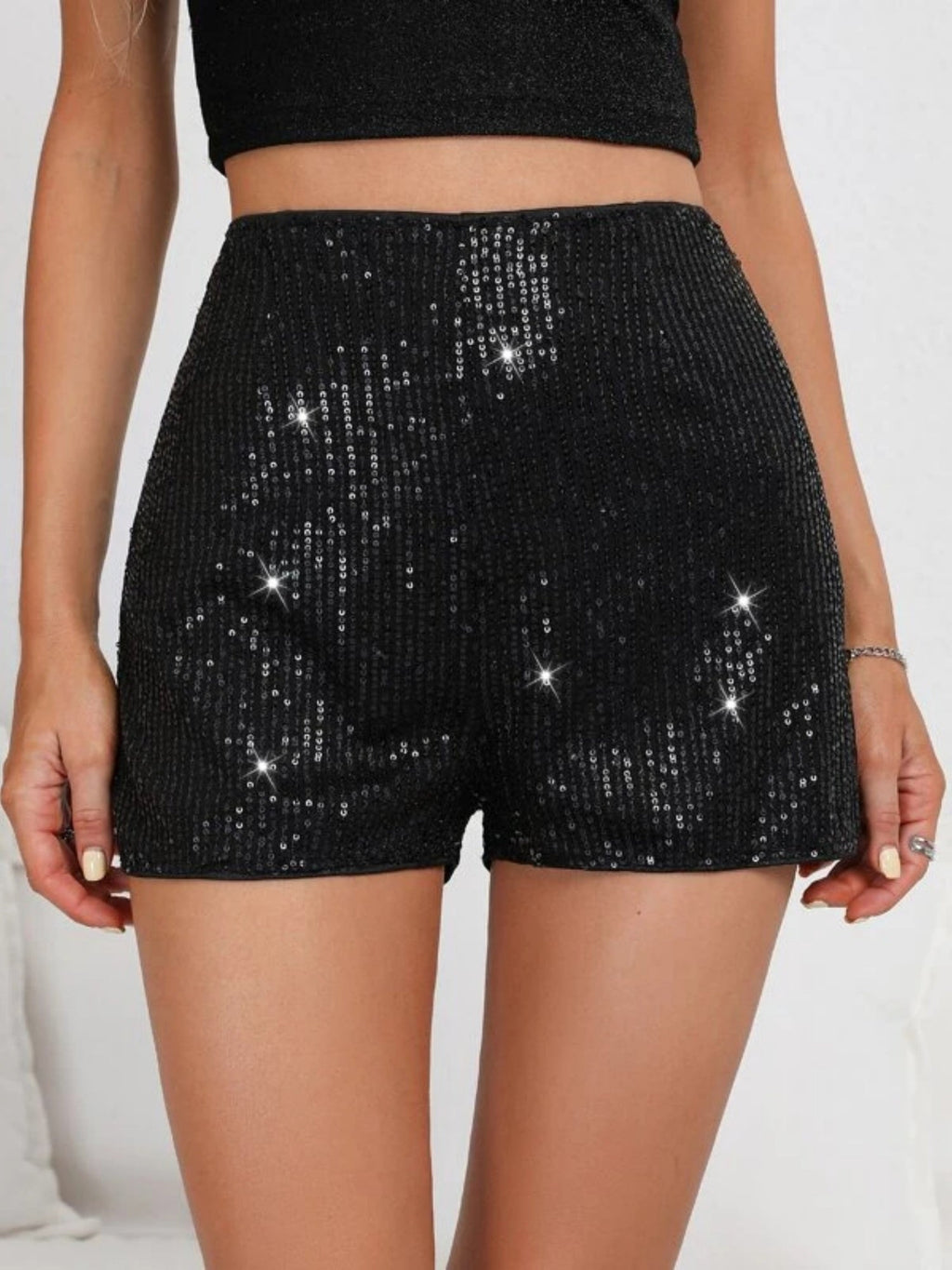 Sequins High Elasticity Mid-rise Straight-fit Shorts